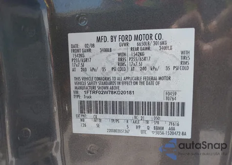 2008 Ford F-150 Fx2/Stx/Xlt from USA, damaged, VIN 1FTRF02W78KD20181